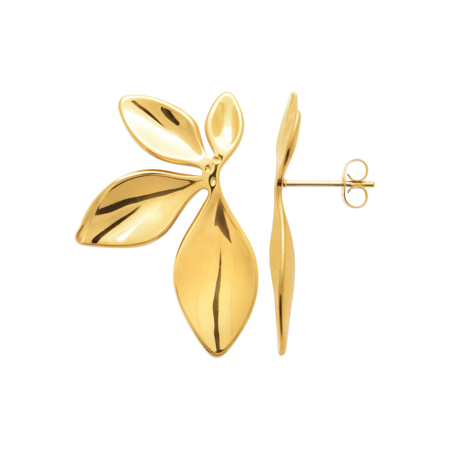 Boucles d’oreilles feuilles en acier doré – bijou élégant et naturel