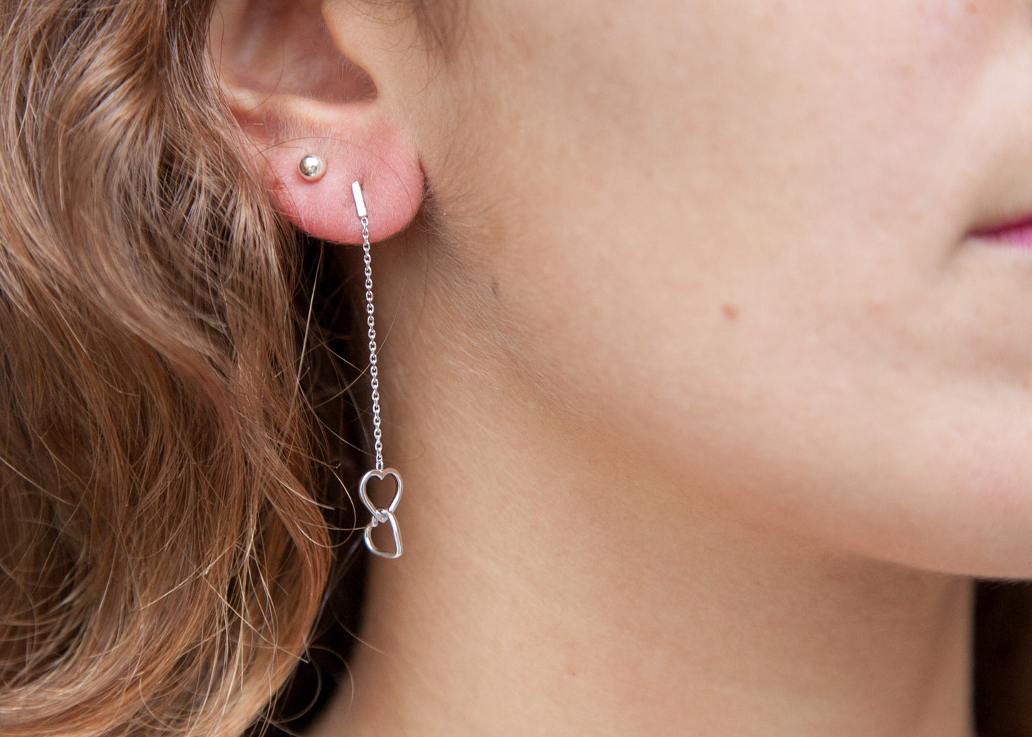 Boucles d'oreilles chaîne 2 coeurs entrelacés en argent