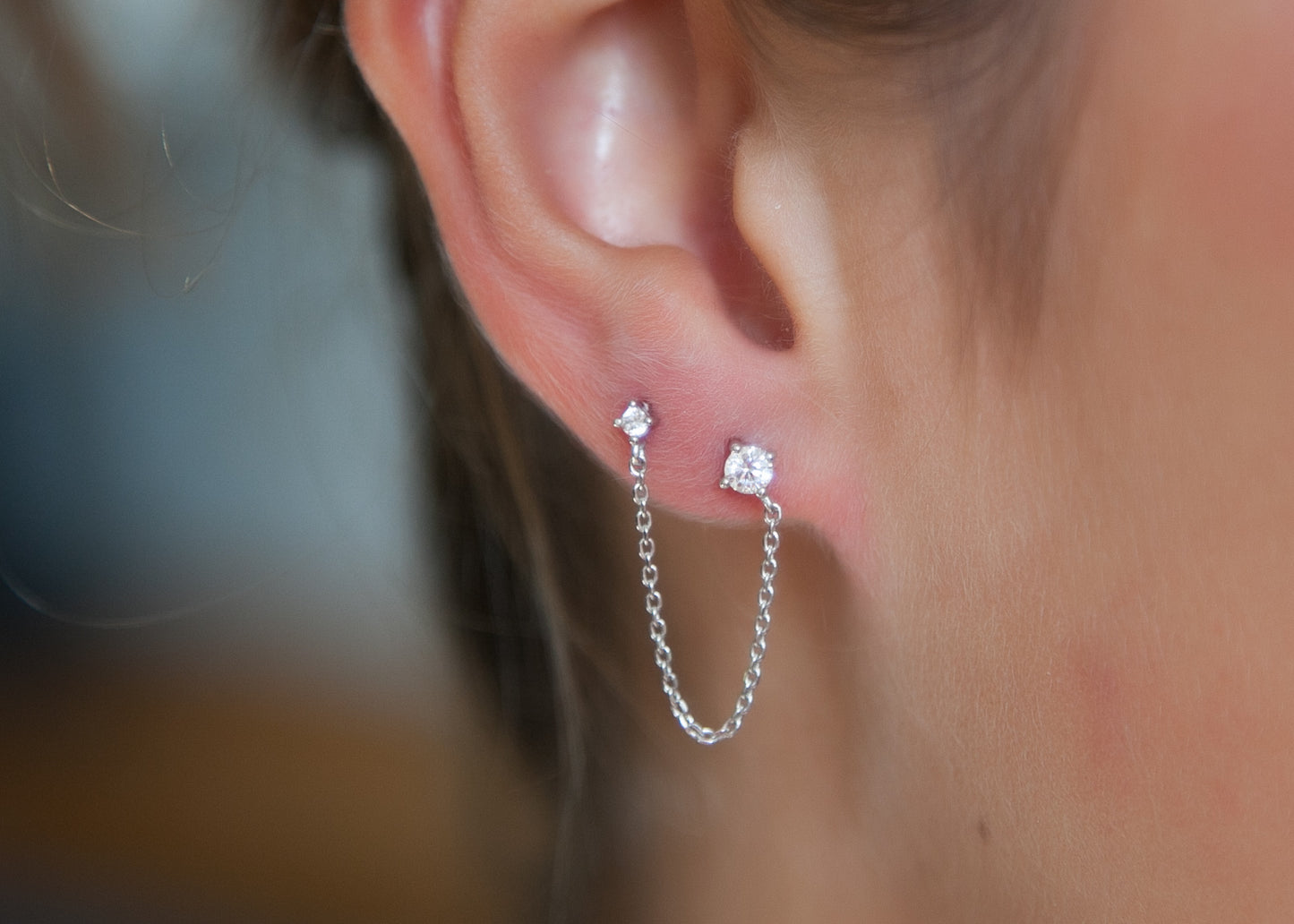 Boucle d'oreille double trous & chaîne en argent