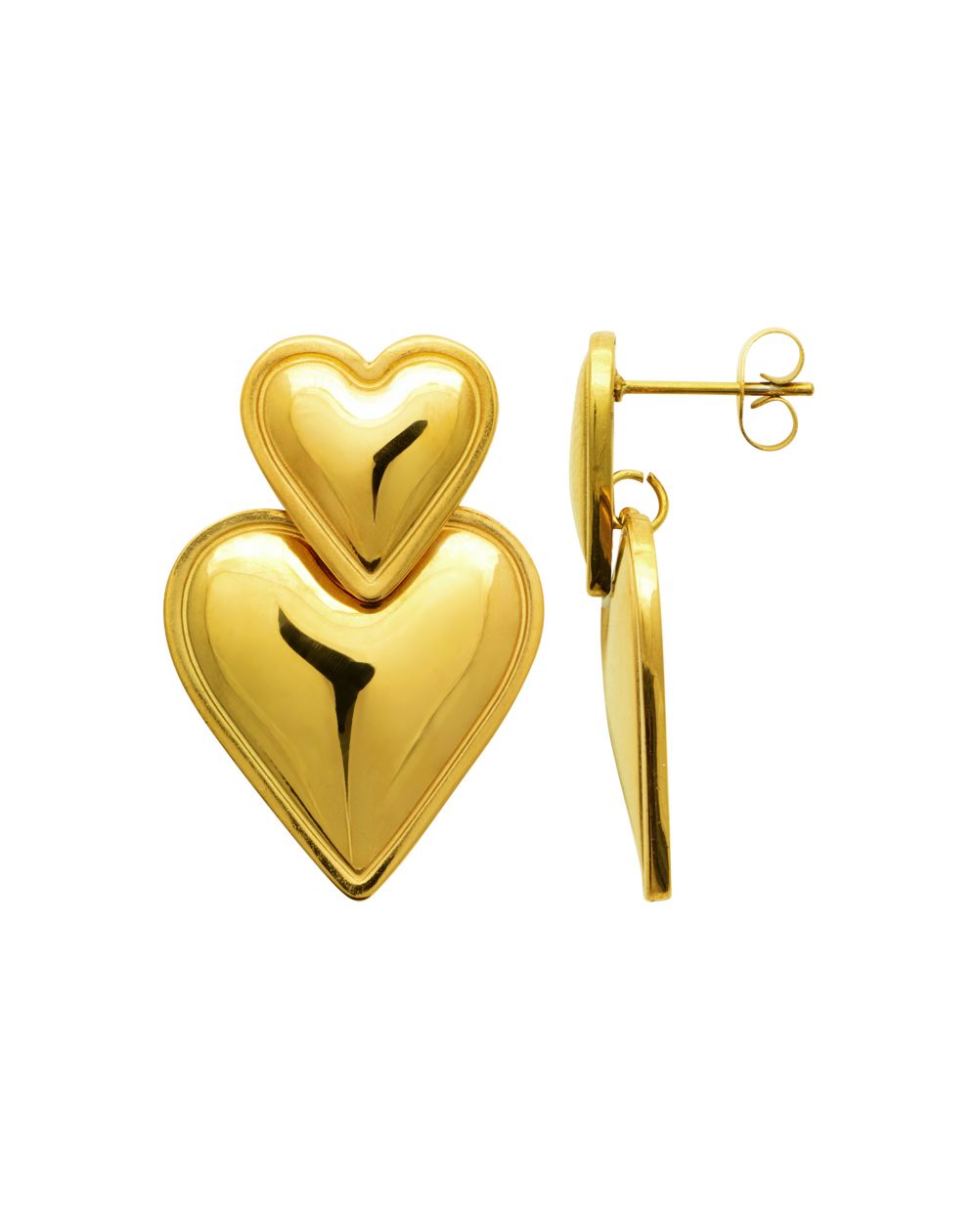 Boucles d’oreilles pendantes double coeurs en acier doré