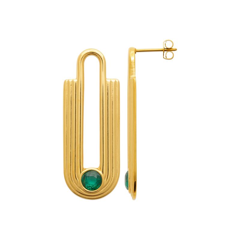 Boucles d'oreilles dorées style art deco avec pierre verte en acier