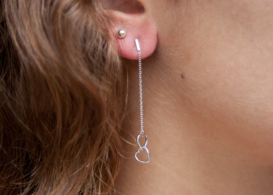 Boucles d'oreilles chaîne 2 coeurs entrelacés en argent