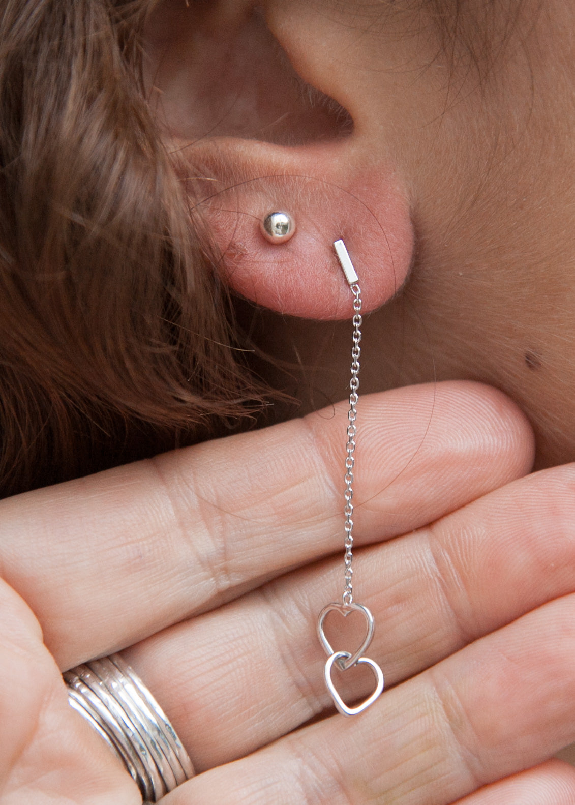 Boucles d'oreilles chaîne 2 coeurs entrelacés en argent