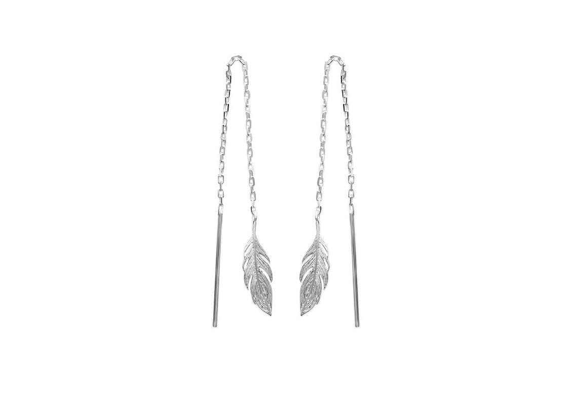 boucles oreilles chaine traversante avec plume en argent