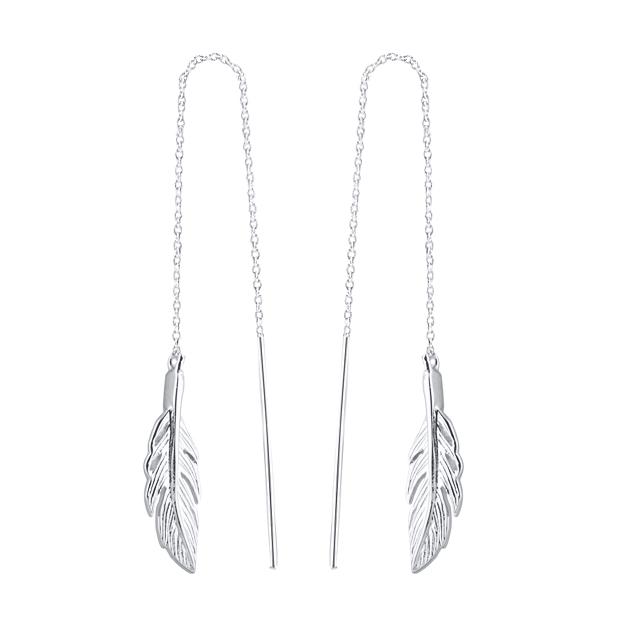 Boucles d'oreilles plume chaîne traversante en argent