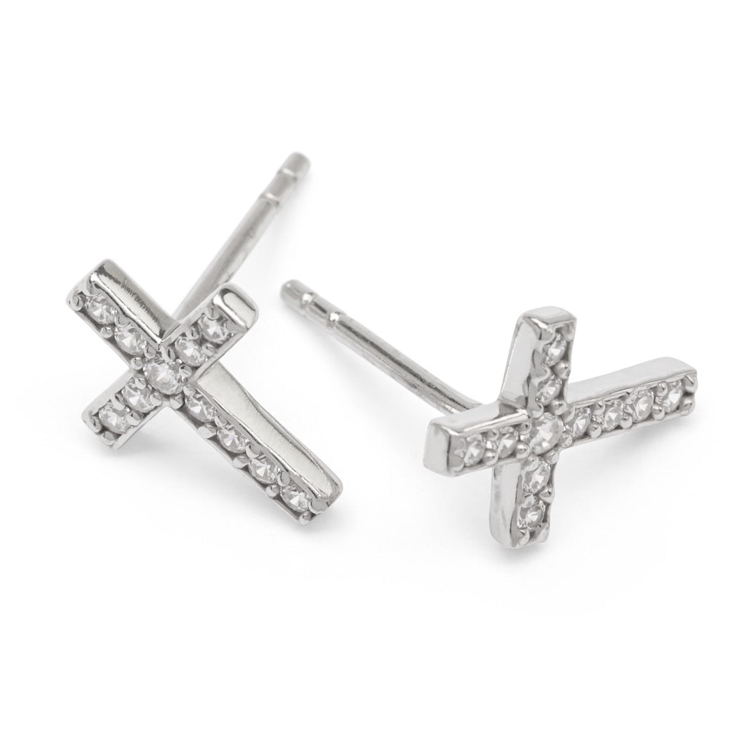 Boucles d'oreilles croix et strass en argent