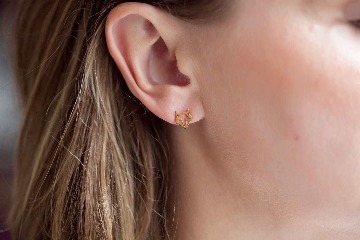 Boucles d'oreilles tête de renard origami doré