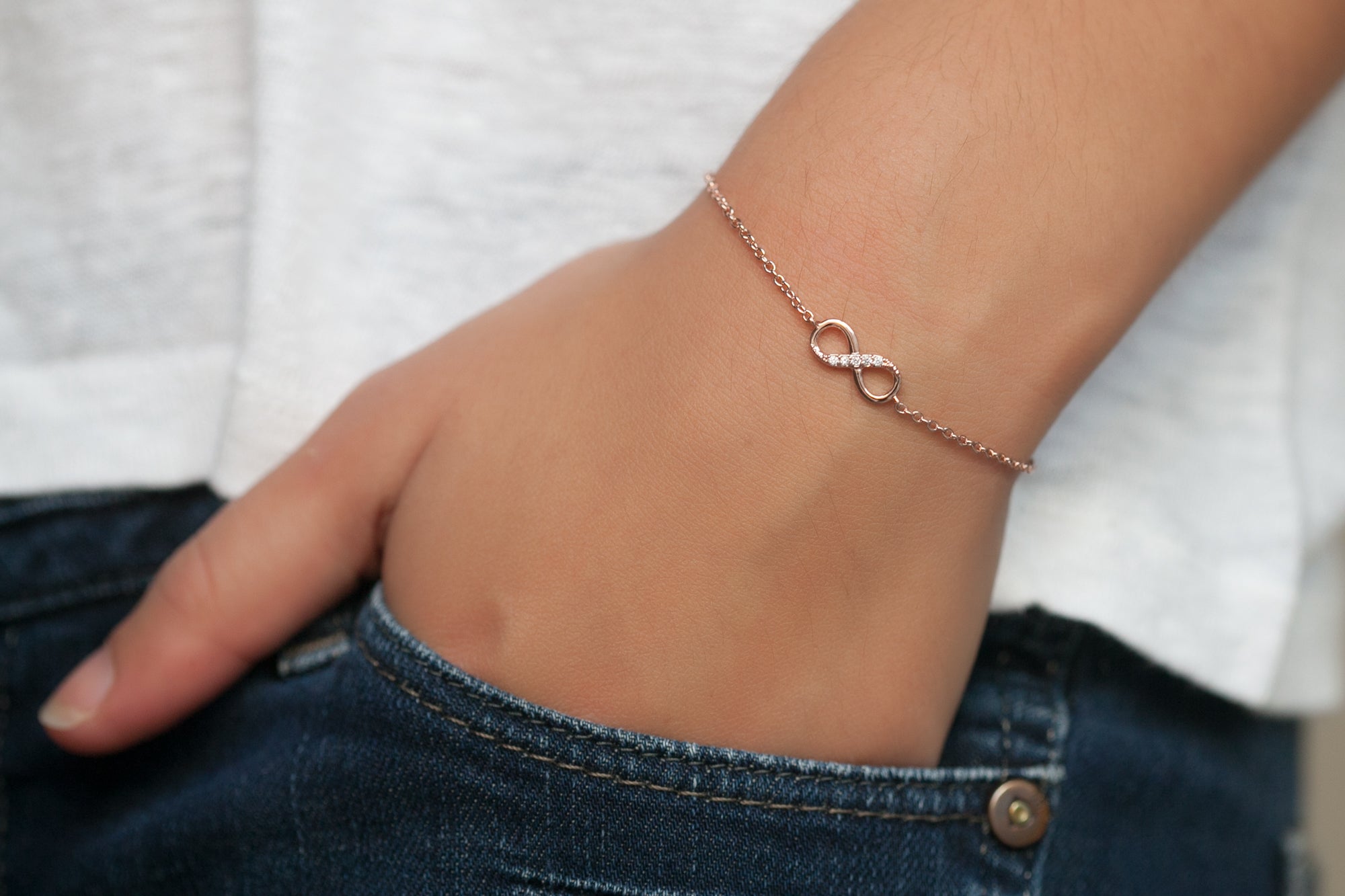 Bracelet Femme Infini En Plaqué Or Rose 18 Carats - Avec Zirconium Cubique, Chaîne De Sécurité