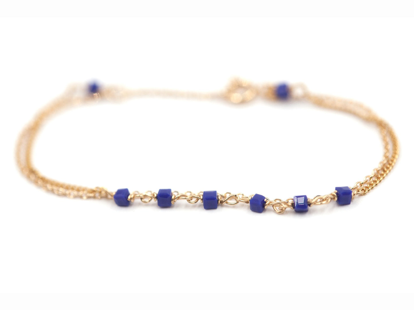 Bracelet 2 rangs perles bleues plaqué or
