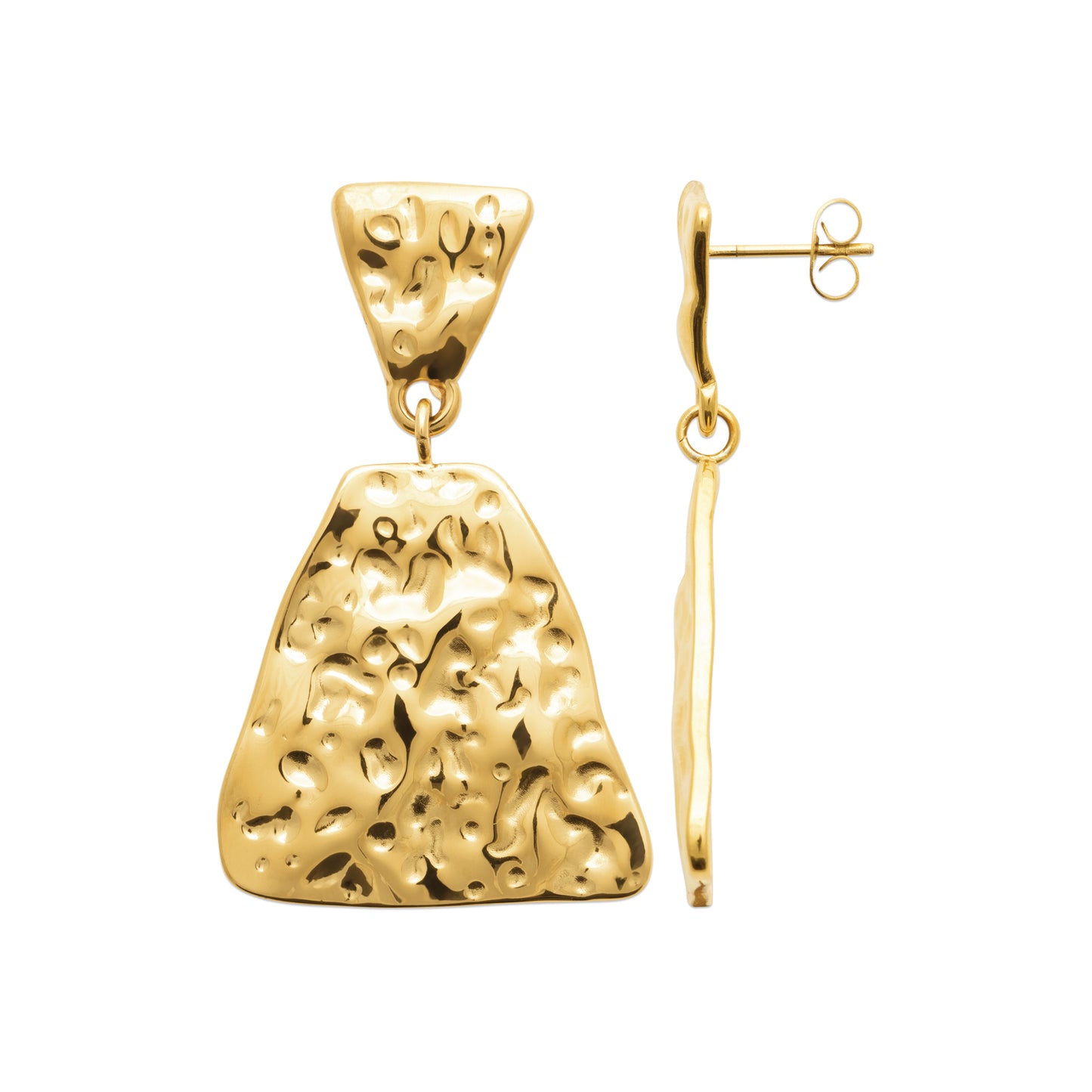 Boucles d’oreilles dorées effet martelé en acier doré design contemporain et audacieux
