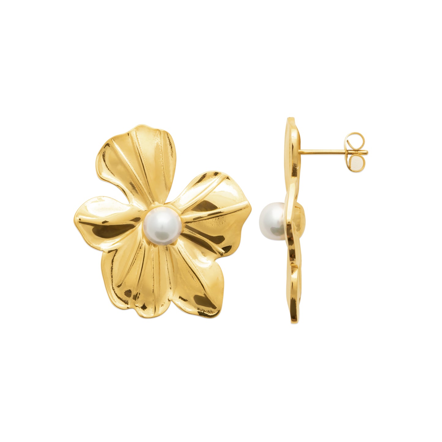 Boucles d’oreilles fleur en acier doré avec perle – élégance et féminité