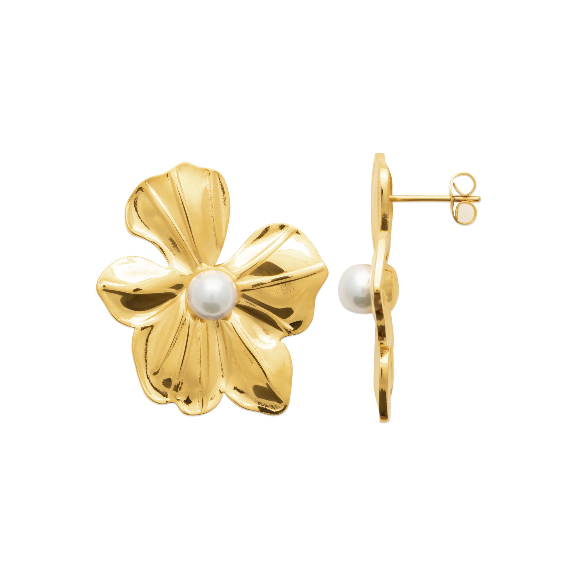 Boucles d’oreilles fleur en acier doré avec perle – élégance et féminité
