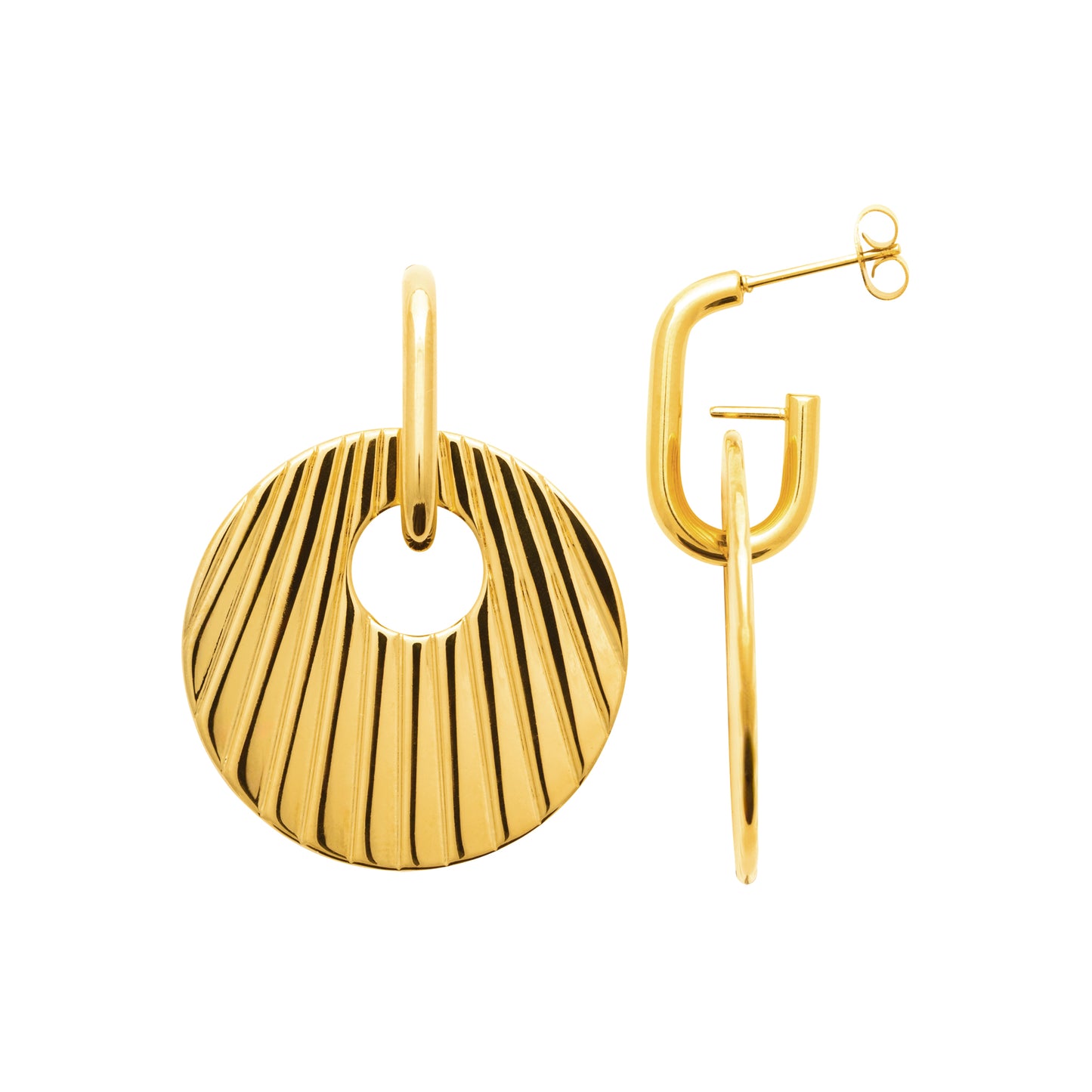 Boucles d’oreilles dorées à médaillon strié – en acier doré