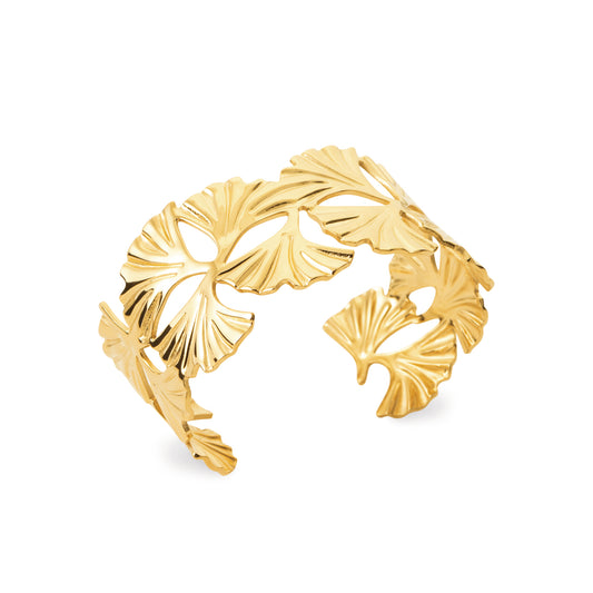 Bracelet jonc doré feuilles de ginkgo – acier inoxydable