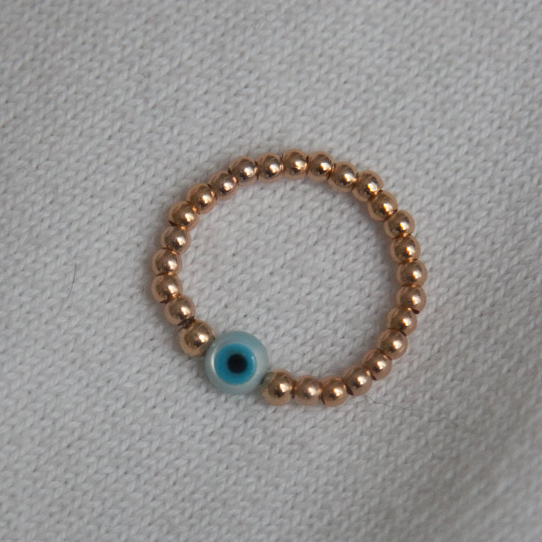 Bague oeil bleu perles plaqué or, Bague porte-bonheur