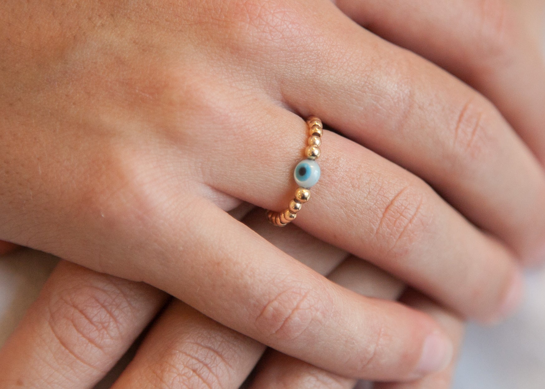 Bague oeil bleu perles plaqué or, Bague porte-bonheur