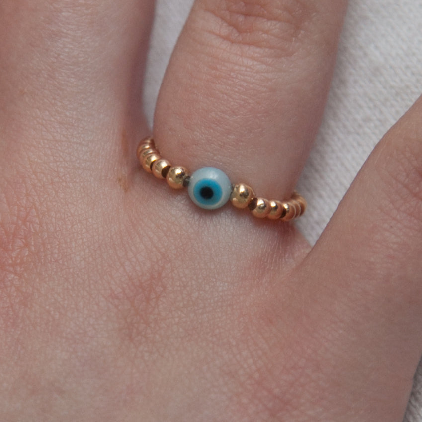 Bague oeil bleu perles plaqué or, Bague porte-bonheur