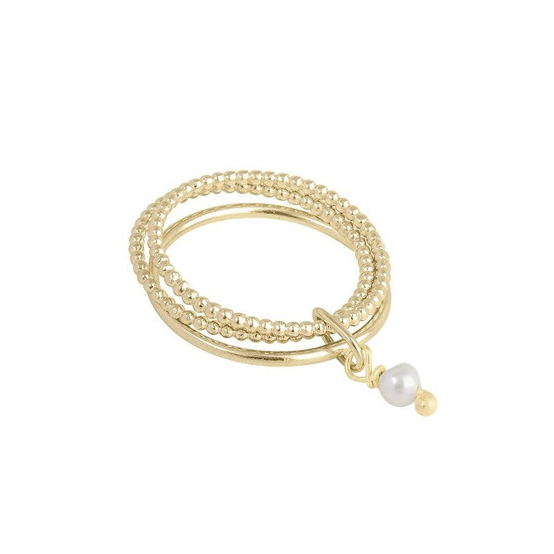 Bague triple anneaux plaqué or petite perle blanche