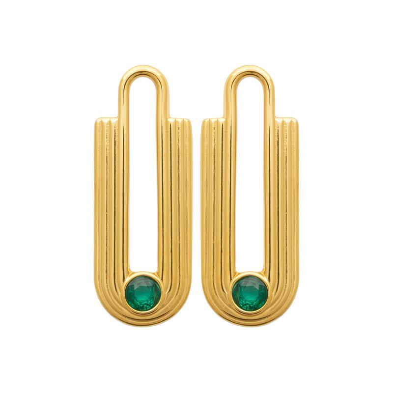 Boucles d'oreilles dorées style art deco avec pierre verte en acier
