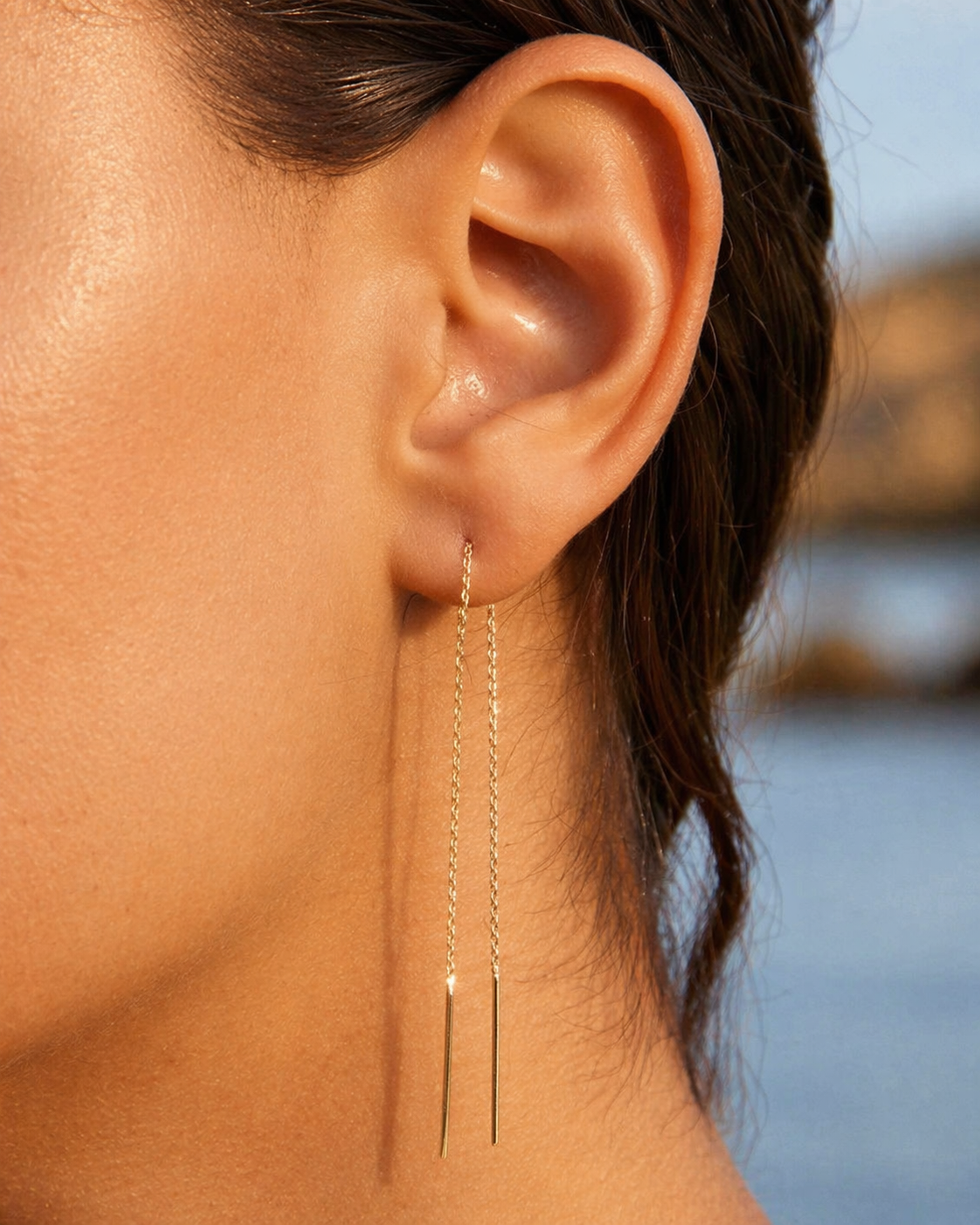 Boucles d'oreilles chaîne traversante plaqué or - Boucles d'oreilles pendantes chainettes