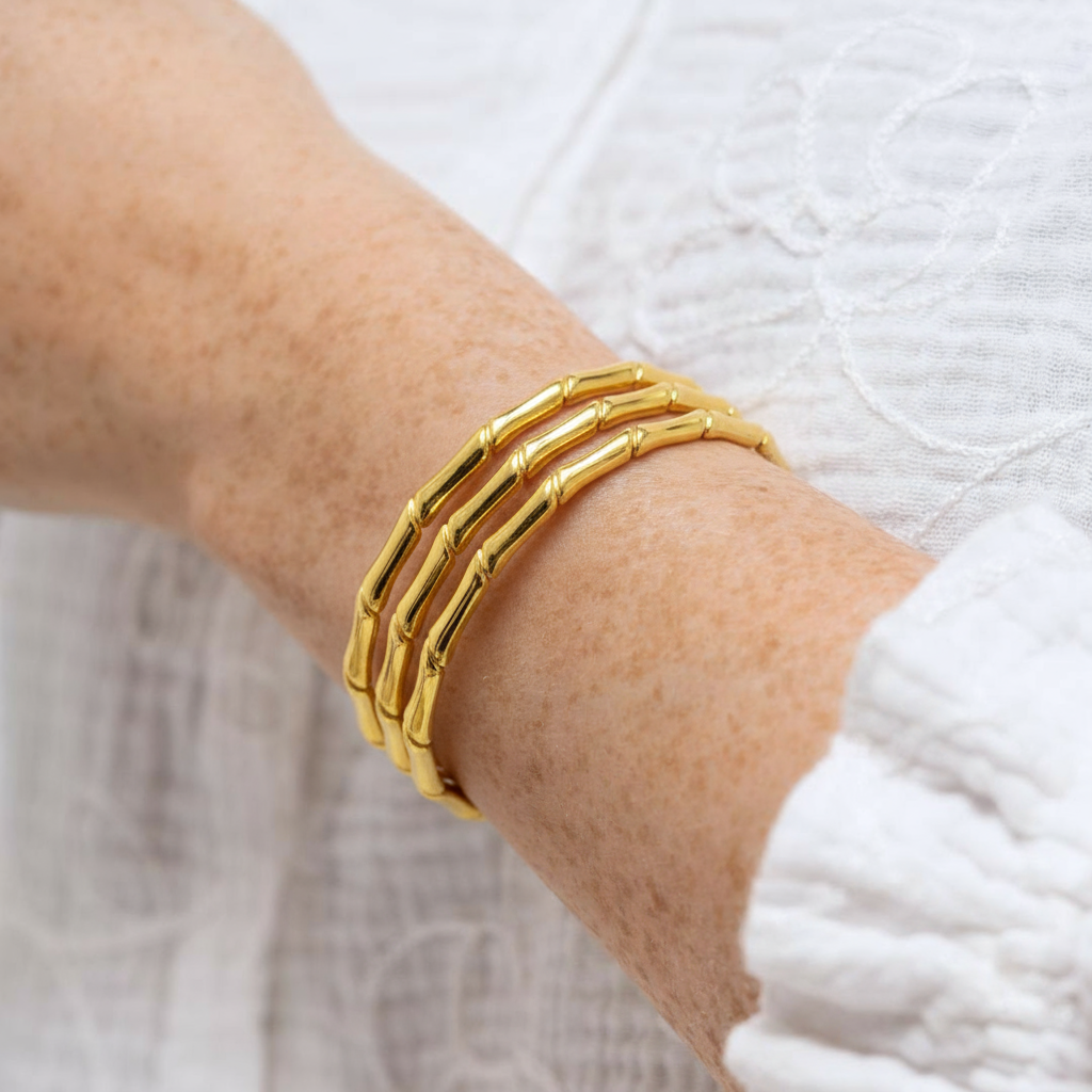Jonc en acier doré effet bambou – bracelet manchette élégant et tendance