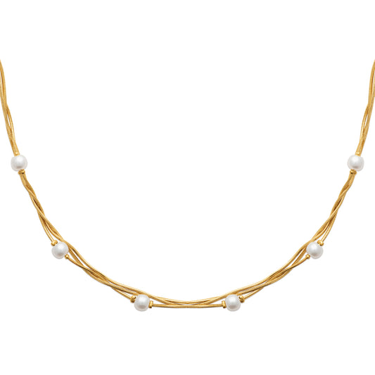 COllier en acier triple rangs avec perles blanches
