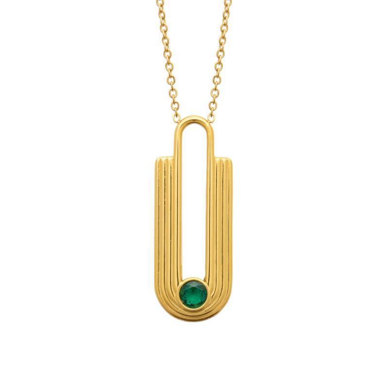 Collier doréy style art deco avec pierre verte en acier