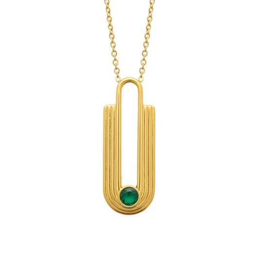 Collier doréy style art deco avec pierre verte en acier