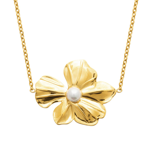 Collier fleur et perle blanche en acier doré – bijou féminin et intemporel