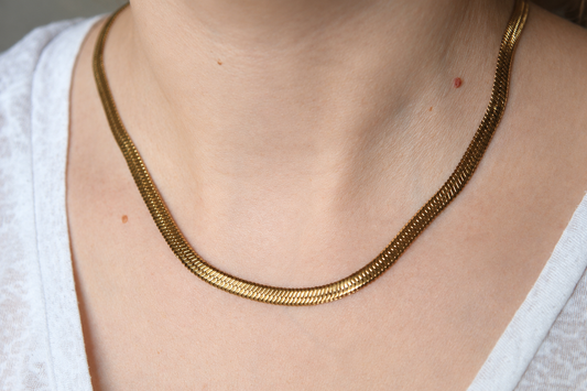 Collier maille serpentine en acier - Collier maille mirroir doré