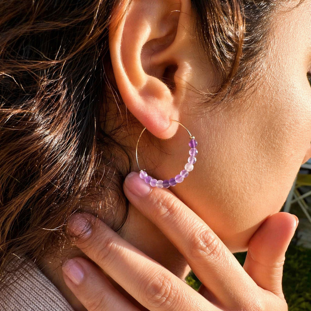 Boucles d'oreilles créoles plaqué or pierre naturelle améthyste