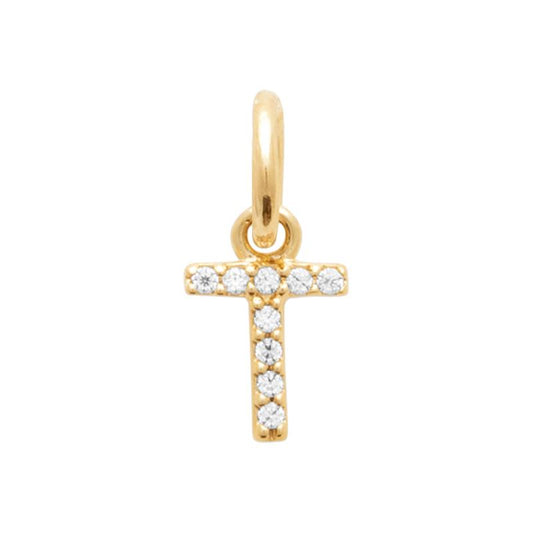 Pendentif lettre de l'alphabet plaqué or serti de strass T