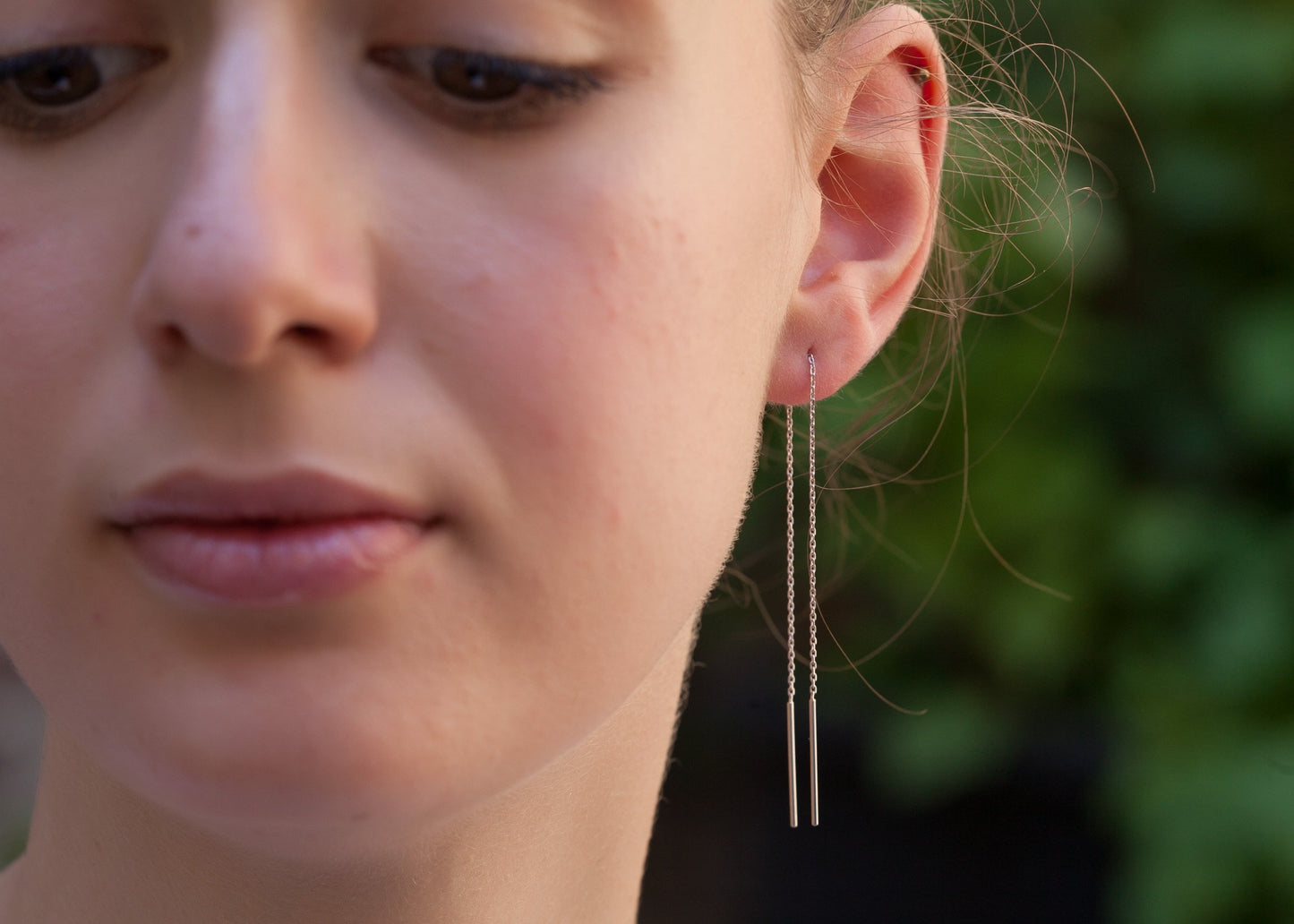 Boucles d'oreille chaîne traversante en argent - Boucles d'oreilles pendantes chaînette