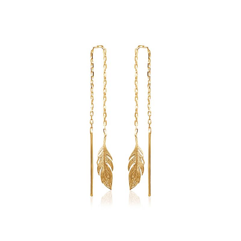 Boucles d'oreilles plume chaîne traversante plaqué or - Boucles d'oreilles pendantes plumes