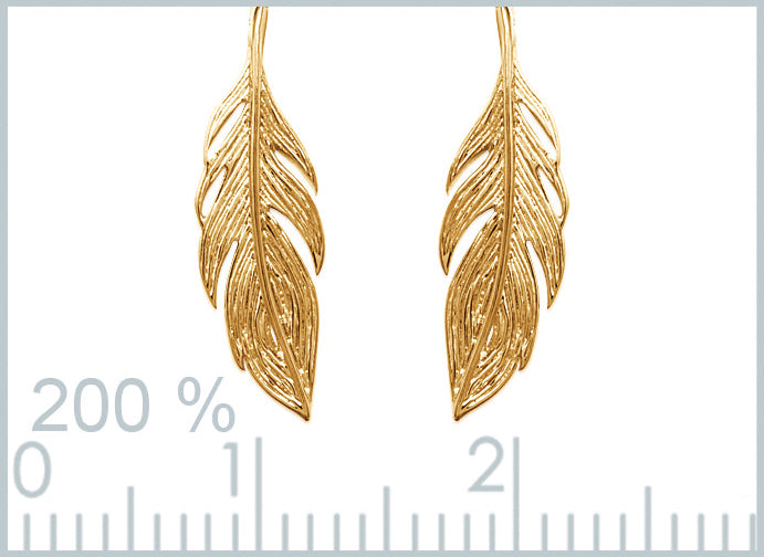 Boucles d'oreilles plume chaîne traversante plaqué or - Boucles d'oreilles pendantes plumes