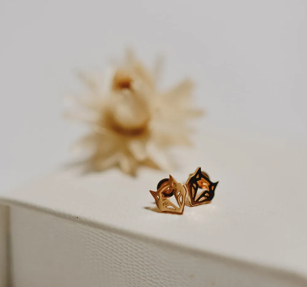 Boucles d'oreilles tête de renard origami doré