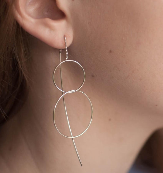 Boucles d'oreilles chaîne traversante 2 ronds argentées