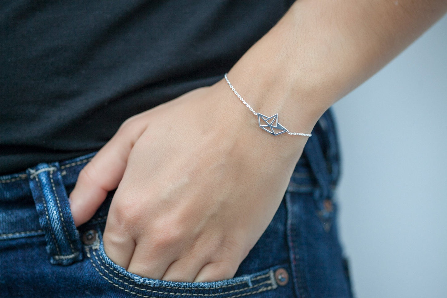 Bracelet bateau en papier origami en argent