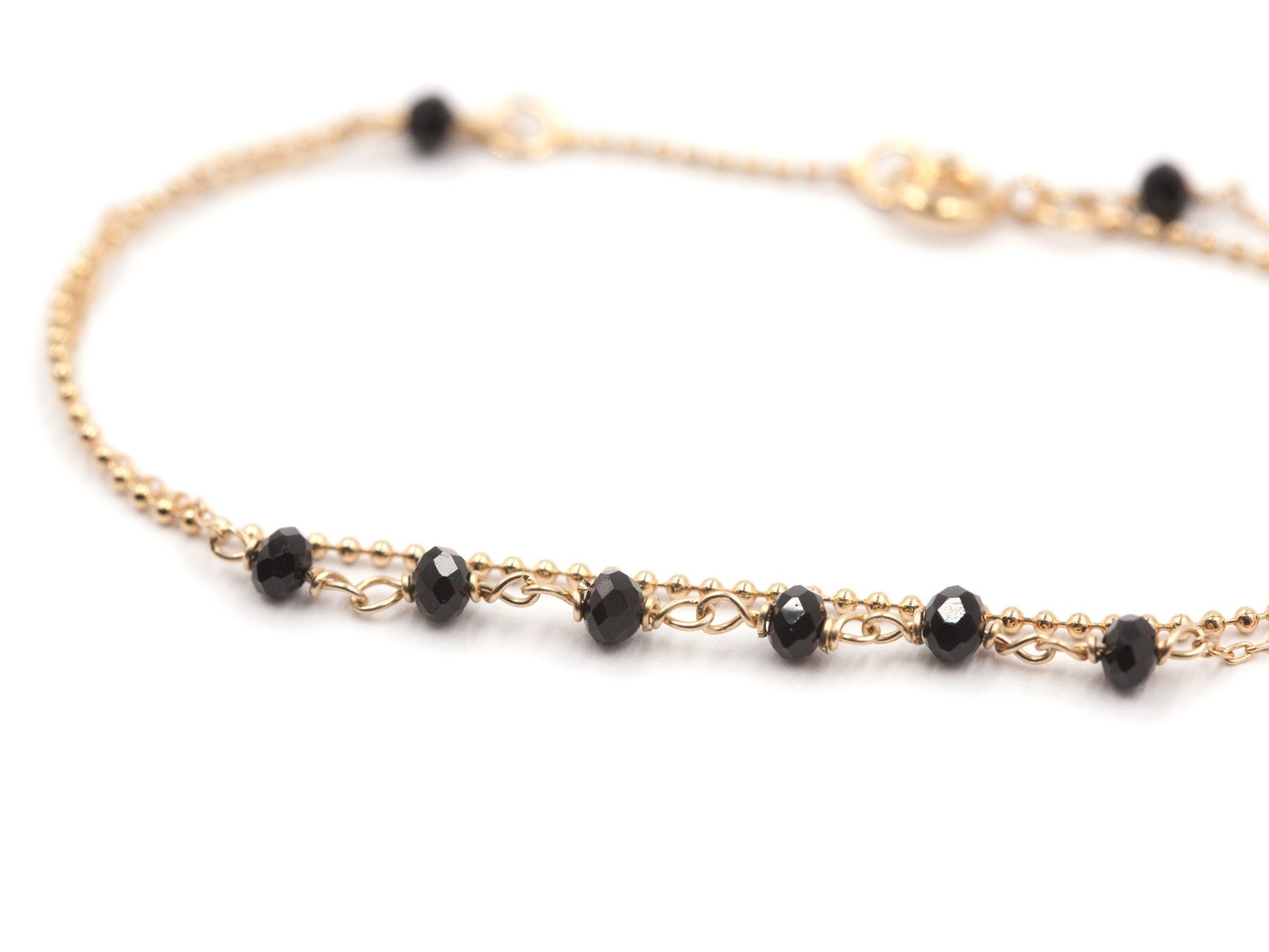 Bracelet 2 rangs perles noires plaqué or
