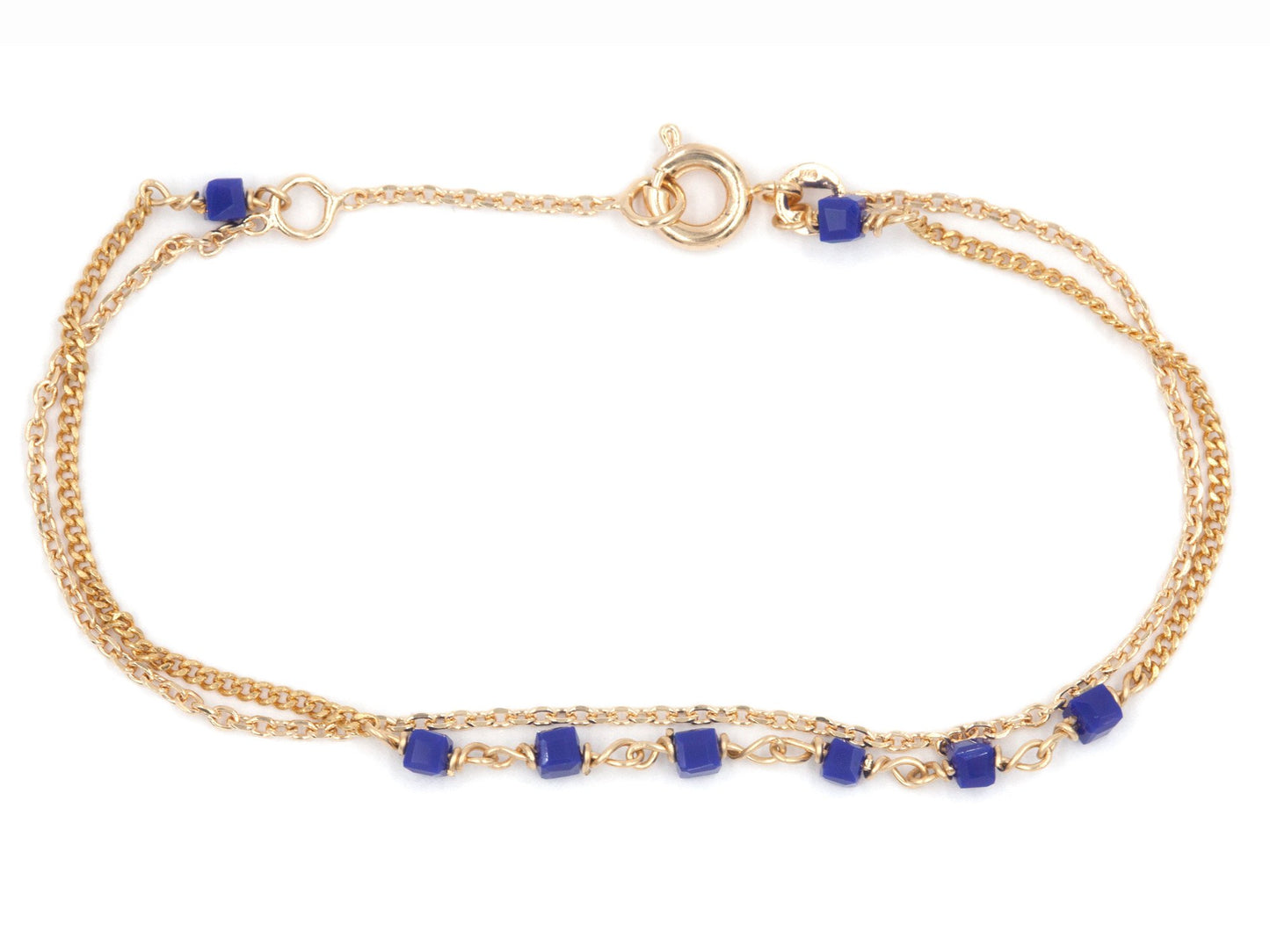 Bracelet 2 rangs perles bleues plaqué or