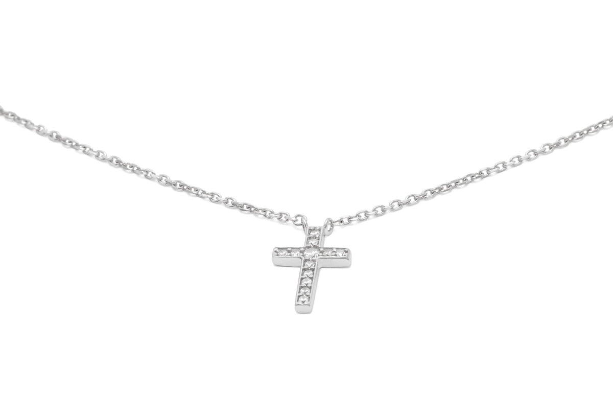 Collier pendentif croix sertie de zircons en argent