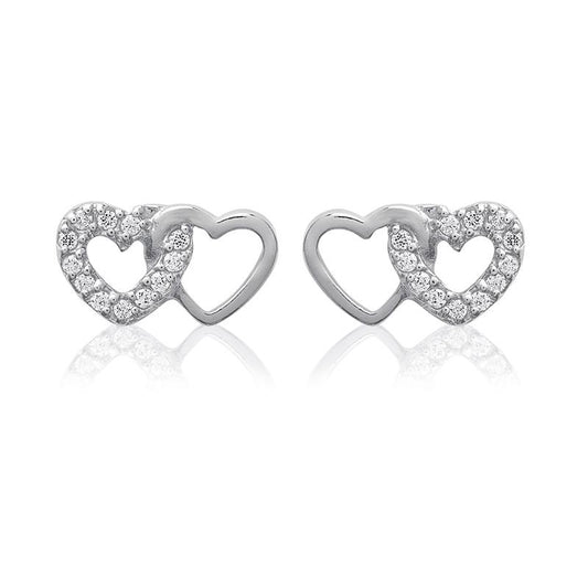 Boucles d'oreilles puces 2 coeurs entrelacés serties de zircons en argent